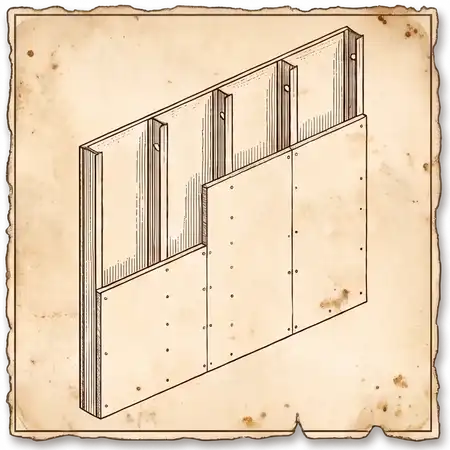 Imagen estilo grabado de una pared de pladur que en una zona se puede ver la perfilería metálica