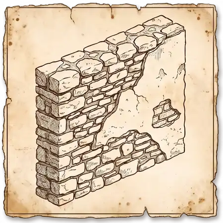 Imagen estilo grabado de un muro antiguo con enlucido desconchado que muestra la construcción de piedras